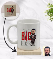 BK Gift Kişiye Özel Erkek Big Boss Karikatürlü Beyaz Kupa Bardak ve Ahşap Bardak Altlığı Hediye Seti - Model 4