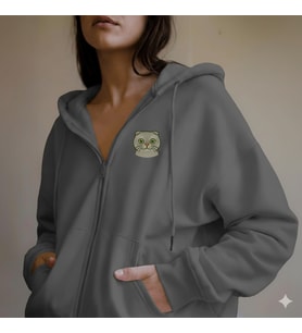 Kadın Scottish Fold Kedi Baskılı Tam Boy Fermuarlı Oversize Hoodie (Gri)