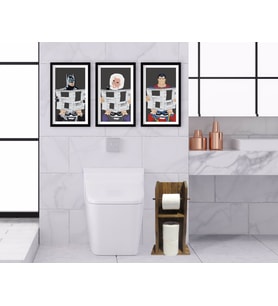 BK Home Doğal Masif Ahşap Tuvalet Kağıtlığı ve Dekoratif 3’lü Ahşap Siyah Çerçeveli Tablo-7 (Beyaz)