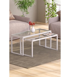 Modern Beyaz 2’li Metal Iskeletli Temper Camlı Zigon Orta Sehpa