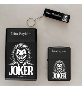 Joker Desenli Kişiye Özel İsimli Çakmak,Metal Tabaka ve Anahtarlık Seti - 3'lü Hediye Set SMP30