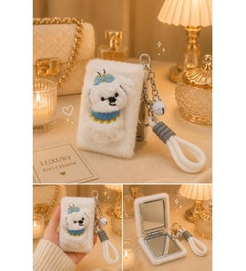 Sevimli Köpek Figürlü Peluş Cep Aynası Anahtarlık – Kawaii Bag Charm Çanta Süsü Beyaz - Pembe
