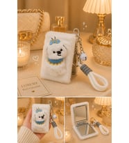 Sevimli Köpek Figürlü Peluş Cep Aynası Anahtarlık – Kawaii Bag Charm Çanta Süsü Beyaz - Pembe