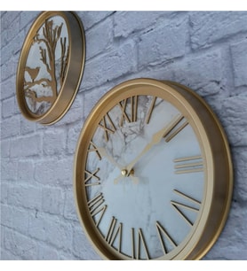 Markakanvas Altın(Gold) Renk Metal Kasalı Mermer Desenli  Duvar Saati  Ve Tablo (Altın)
