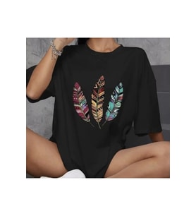 Unisex Bisiklet Yaka Baskılı Oversize T-Shirt - Siyah