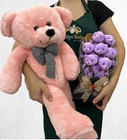 Büyük Boy Pembe Peluş Ayıcık ve 7'li Peluş Ayıcık Buketi (Model 2)