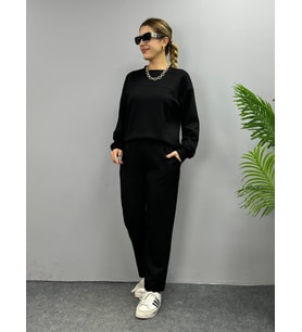 Kadın Uzun Kollu Bisiklet Yaka Viskon Iki Iplik Bluz Ve Pantolon Ikili Takım