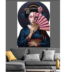 Yelpazeli Japon Kadın Şapka Retro Dekoratif Kanvas - Mdf Ahşap Tablo