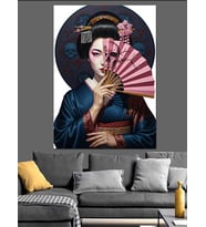 Yelpazeli Japon Kadın Şapka Retro Dekoratif Kanvas - Mdf Ahşap Tablo