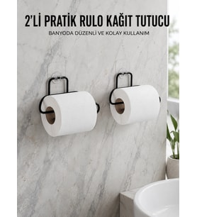 2 Adet Siyah Yapışkanlı Kağıtlık Duvar Tipi Tuvalet Kağıdı ve Rulo Tutucu