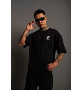 Unisex Bisiklet Yaka Baskılı Oversize T-Shirt - Siyah