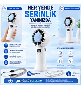 Taşınabilir El Vantilatörü ve Masaüstü Fanı, 200 Kademeli Ayarlanabilir Hız, Dijital Ekranlı, Şarj Edilebilir Mini Fan, Çıkarılabilir Masaüstü Standlı, Sessiz Güçlü Soğutucu Fan