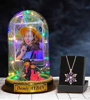Kişiye Özel Renkli Led Işıklı Fanus ve Gerçek Ametist Taşlı Lotus Kolye (Model 7)
