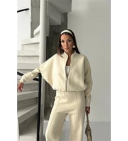 Neşeli butik kadın 3 iplik şardonlu oversize eşofman takımı NBG105 (Bej)