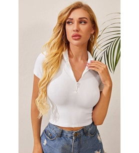 Kadın Beyaz Yarım Fermuarlı ve Kısa Kollu Crop Top Bluz