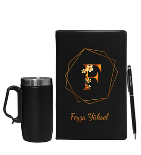 Kişiye Özel Siyah Defter Kalem & Termos Mug Hediye Seti