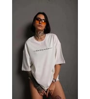 Unisex Bisiklet Yaka Baskılı T-Shirt - Beyaz