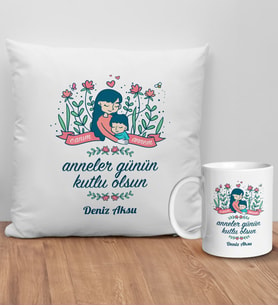 BK Gift Kişiye Özel Anne Tasarımlı Beyaz Kırlent Yastık ve Kupa Seti-2, Anneye Hediye, Anneler Günü Hediyeleri