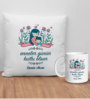 BK Gift Kişiye Özel Anne Tasarımlı Beyaz Kırlent Yastık ve Kupa Seti-2, Anneye Hediye, Anneler Günü Hediyeleri