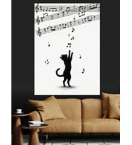 Müzik Notaları Ve Kedi Dekoratif Kanvas - Mdf Ahşap Tablo