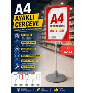 10 Adet - A4 Ayaklı Çerçeve Seti Yuvarlak Tabanlı Teleskopik Fiyat Etiketi Standı Kırmızı