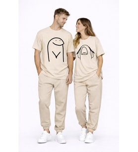 Sevgili Kombini Çift Tişört Oversize Unisex Matching Couple Minimal Çizim Tasarım Çift Kombin Seti (Bej)