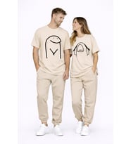 Sevgili Kombini Çift Tişört Oversize Unisex Matching Couple Minimal Çizim Tasarım Çift Kombin Seti (Bej)