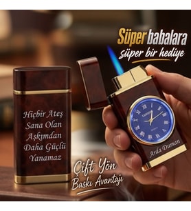Kişiye Özel Turbo Jet Işıklı Saatli Çakmak Çift Yön Baskı (Bordo)