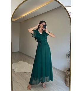 Neşeli butik kadın v yaka kuşaklı maxi şifon elbise NM008 (Yeşil)