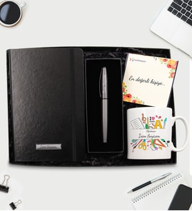 Öğretmenlere Özel Tasarım Kupa & Siyah Defter & Gri Metalik Roller Kalem Hediye Seti