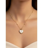 Altın Renk Beyaz Sedef Kalp Model Top Zincir Çelik Kolye - 3686