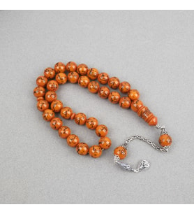 Sıkma Kehribar Allah cc 99 ismi Yazılı 925Ayar Gümüş Püsküllü Küre Kesim 14mm Tesbih