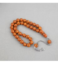 Sıkma Kehribar Allah cc 99 ismi Yazılı 925Ayar Gümüş Püsküllü Küre Kesim 14mm Tesbih