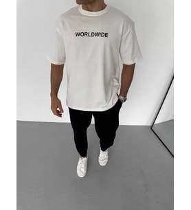 pilelistore- Unisex Bisiklet Yaka Baskılı Oversize T-Shirt - Beyaz