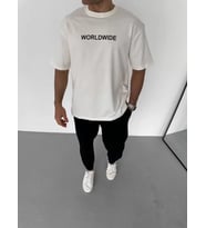 pilelistore- Unisex Bisiklet Yaka Baskılı Oversize T-Shirt - Beyaz
