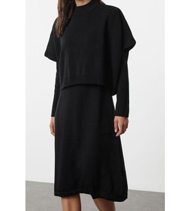 Moda Stil Oversize Dik Yaka Midi Boy Triko Süper Geniş Kalıp Süveterli Elbise