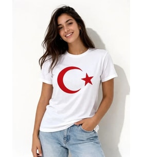 T-Shirt Kısa Kol Bisiklet Yaka Ay Yıldız Bayrak Baskılı Tişört - Beyaz