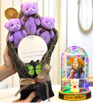 Sizlere Özel Renkli Led Işıklı Biblolu Fanus ve Aynalı Mor Peluş Ayıcık Buketi (Model 1)