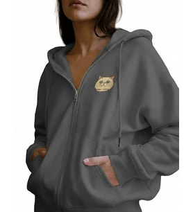 Kadın Persian (İran Kedisi) Baskılı Tam Boy Fermuarlı Oversize Hoodie (Gri)