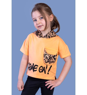 Toontoy Kız Çocuk Cep Detaylı Kapüşonlu Baskılı Tişört (Turuncu)