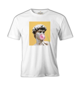 Michelangelo - David Behind Bubble Gum Beyaz Erkek Tshirt
