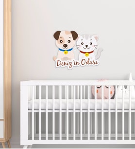 BK Gift Kişiye Özel Sevimli Kedi ve Köpek Tasarımlı Çocuk Odası Ahşap Duvar Süsü-1 (Beyaz)