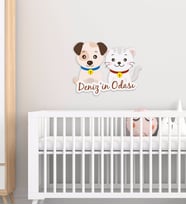BK Gift Kişiye Özel Sevimli Kedi ve Köpek Tasarımlı Çocuk Odası Ahşap Duvar Süsü-1 (Beyaz)