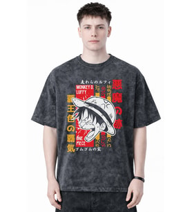 Tasarım Monkey D. Luffy One Piece Anime Baskılı Unisex Oversize Eskitme Yıkamalı Tişört