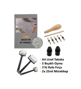 Linol Tabaka Linol Muşamba Levha 2.5 Mm 20x30 Cm 3'lü Sünger Rulo Merdane 5'li Oyma Seti Baskı