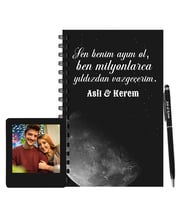 Sevgiliye Özel İsimli Ahşap Defter Kalem & Instagram Çerçeve Hediye Seti 99