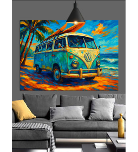 Volkswagen Minibüs Retro Plaj Dekoratif Kanvas - Mdf Ahşap Tablo