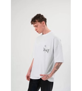 Unisex Bisiklet Yaka Baskılı Oversize T-Shirt - Beyaz