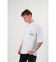 Unisex Bisiklet Yaka Baskılı Oversize T-Shirt - Beyaz
