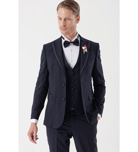 Koyu Lacivert Çıkarılabilir Mono Yaka Yelekli 6 Drop Slim Fit Smokin Damatlık Takım 1001230202